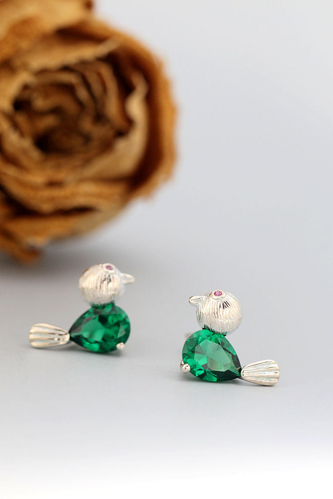 Authentic 925 Sterling Silver Earstuds Inlaid Green Rhinestone Lovable Little Birdie Earring Women Fashion Style Jewelry Gift