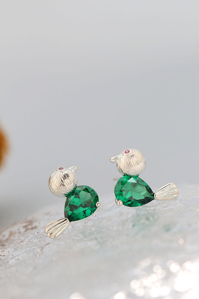 Authentic 925 Sterling Silver Earstuds Inlaid Green Rhinestone Lovable Little Birdie Earring Women Fashion Style Jewelry Gift