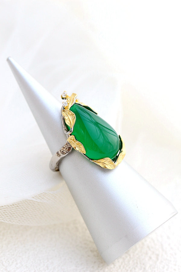 Authentic 925 Sterling Silver Rings Inlaid Natural Green Chalcedony Retro Creative Opening Ring Lady National Style Jewelry Gift
