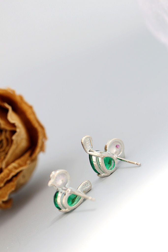 Authentic 925 Sterling Silver Earstuds Inlaid Green Rhinestone Lovable Little Birdie Earring Women Fashion Style Jewelry Gift