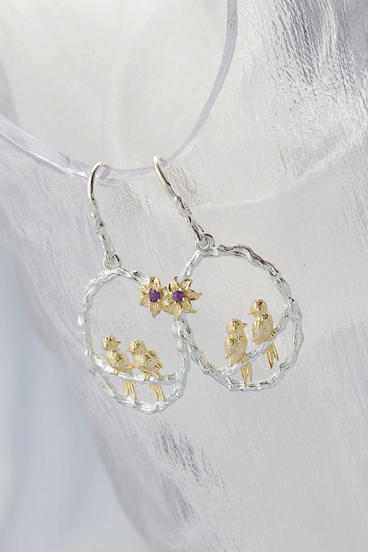 Elegance Delicate 925 Sterling Silver Earrings Inlaid Amethyst Birds Perched Earring Women Fashion Style Jewelry Gift