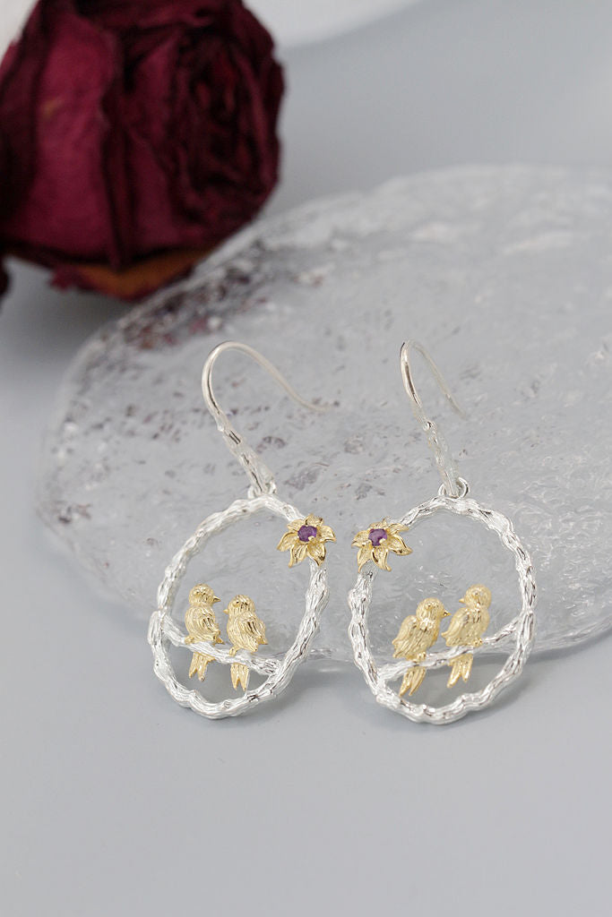 Elegance Delicate 925 Sterling Silver Earrings Inlaid Amethyst Birds Perched Earring Women Fashion Style Jewelry Gift