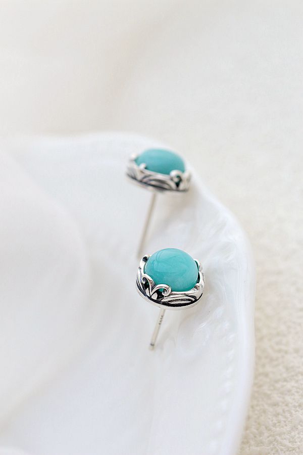 Authentic 925 Sterling Silver Earring Inlaid Natural Amazonite Retro National Style Antique Silver Lady Earring Jewelry Gift