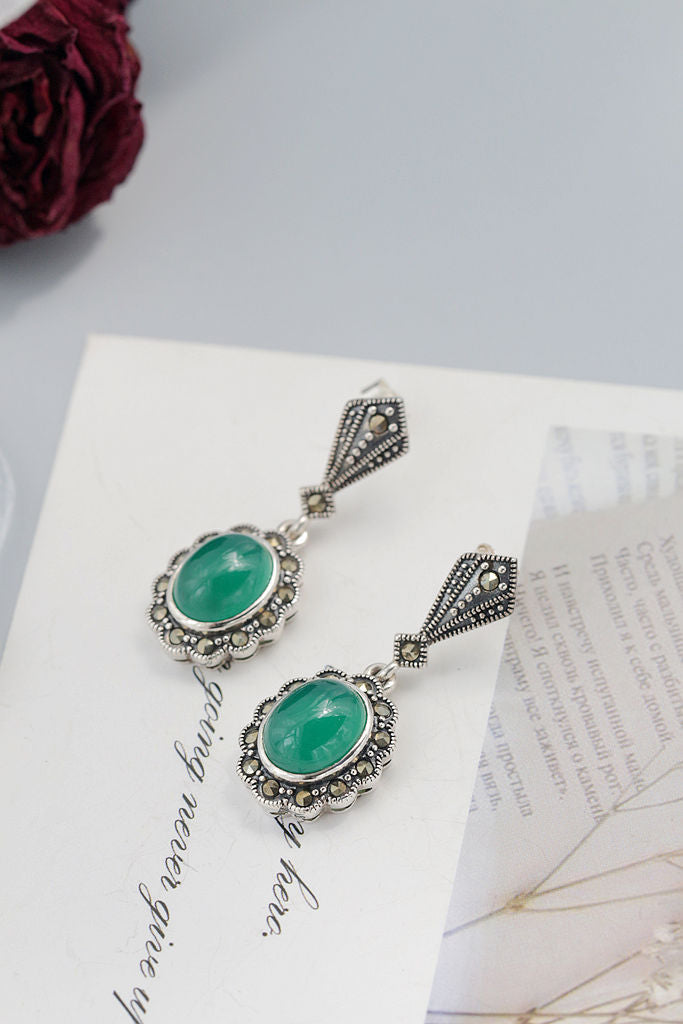 Vintage 925 Sterling Silver Earrings Retro Style Thai Silver Inlaid Natural Green Agate Earring Women Fine Jewelry Gift