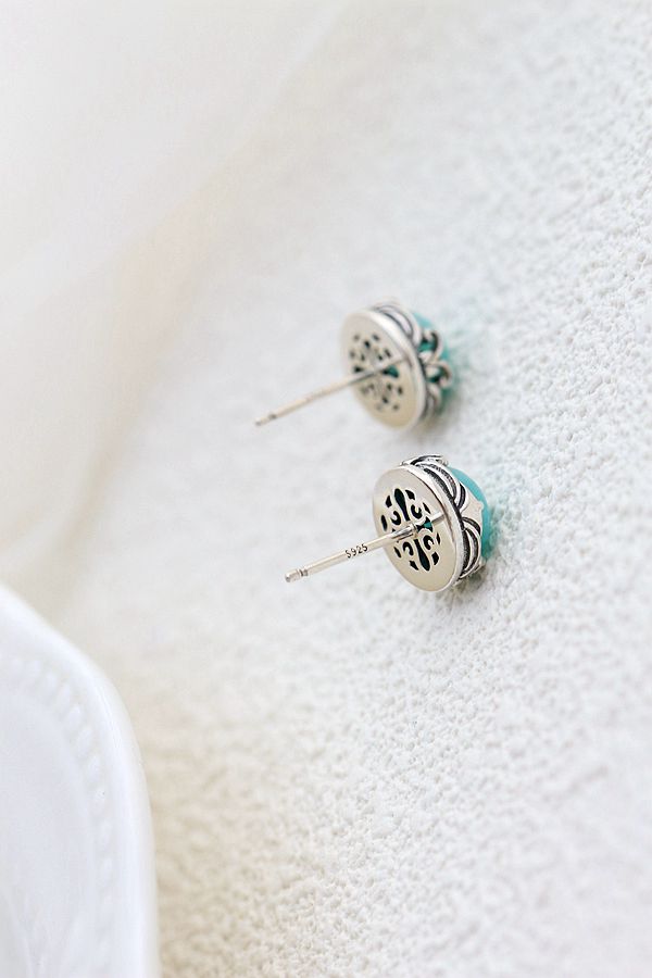 Authentic 925 Sterling Silver Earring Inlaid Natural Amazonite Retro National Style Antique Silver Lady Earring Jewelry Gift