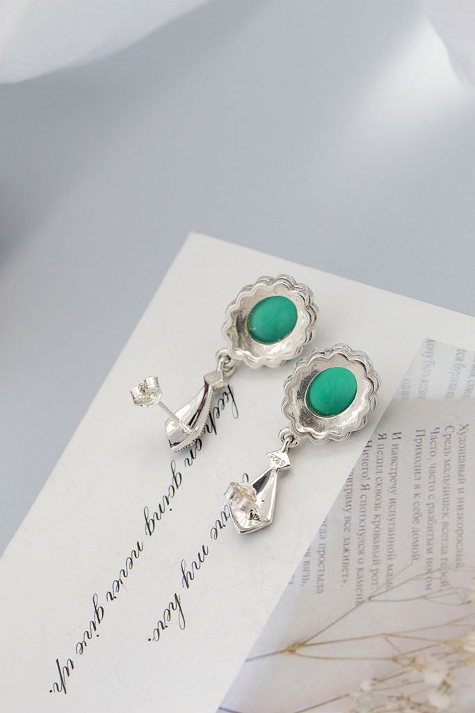 Vintage 925 Sterling Silver Earrings Retro Style Thai Silver Inlaid Natural Green Agate Earring Women Fine Jewelry Gift