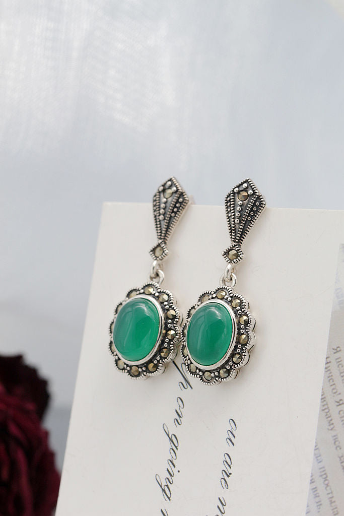 Vintage 925 Sterling Silver Earrings Retro Style Thai Silver Inlaid Natural Green Agate Earring Women Fine Jewelry Gift