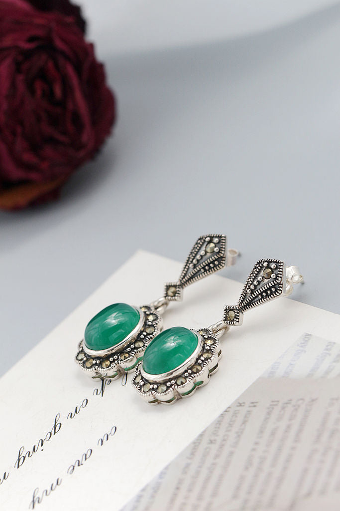 Vintage 925 Sterling Silver Earrings Retro Style Thai Silver Inlaid Natural Green Agate Earring Women Fine Jewelry Gift
