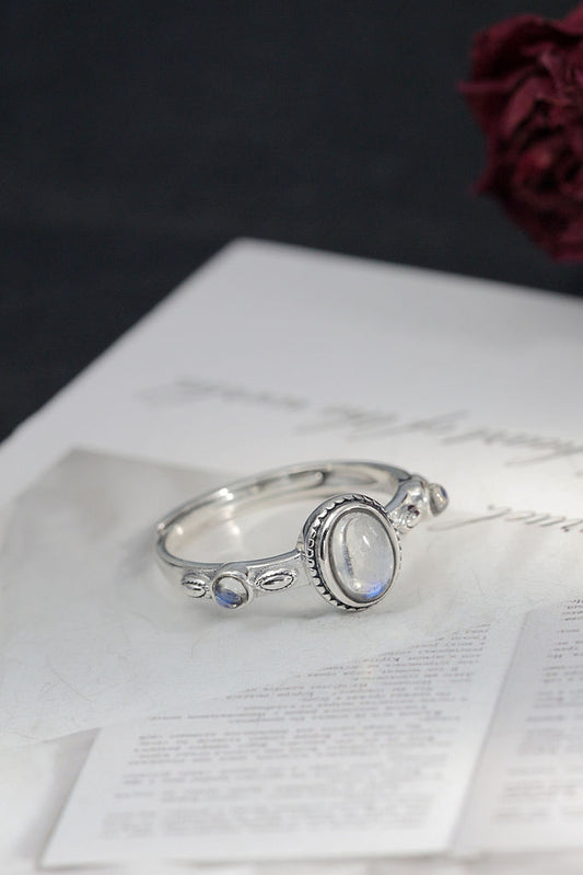 Vintage Minimalist Design 925 Sterling Silver Ring Inlaid Natural Moonstone Adjustable Open Rings Trendy Elegance Jewelry Gift