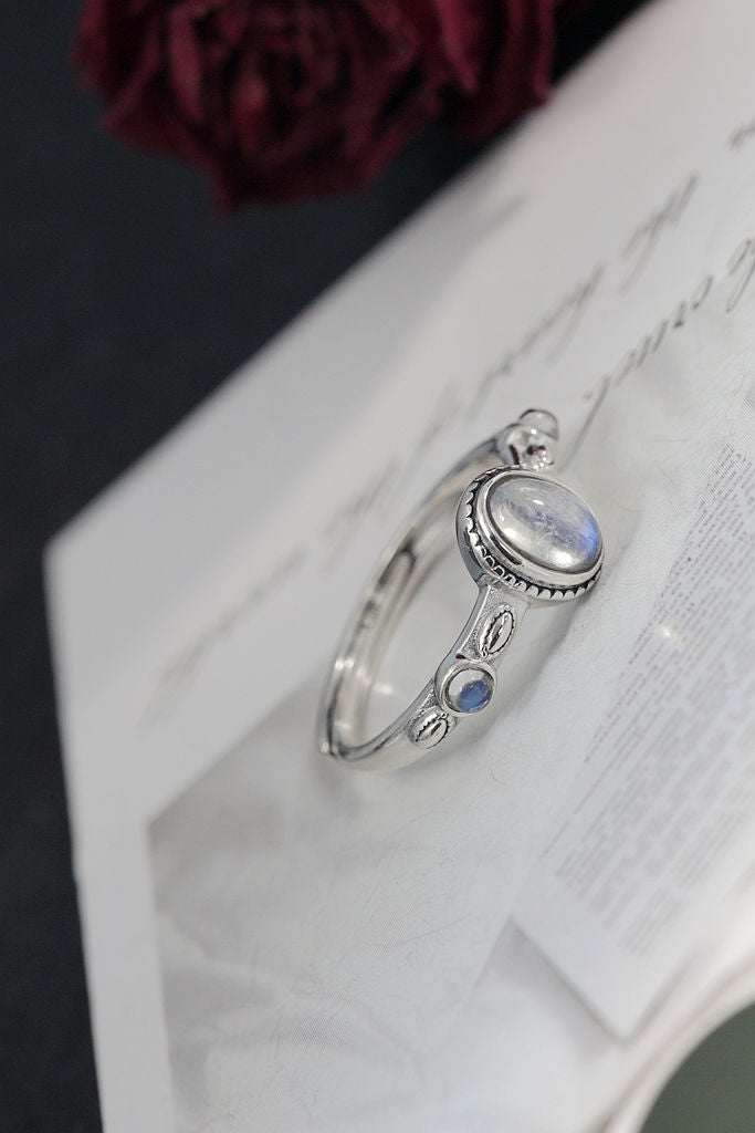 Vintage Minimalist Design 925 Sterling Silver Ring Inlaid Natural Moonstone Adjustable Open Rings Trendy Elegance Jewelry Gift