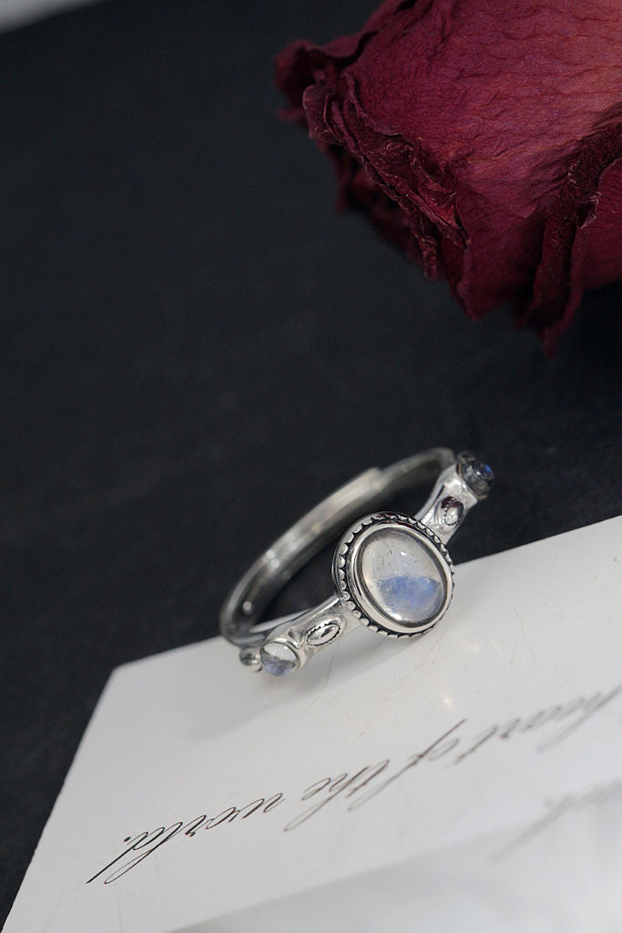 Vintage Minimalist Design 925 Sterling Silver Ring Inlaid Natural Moonstone Adjustable Open Rings Trendy Elegance Jewelry Gift