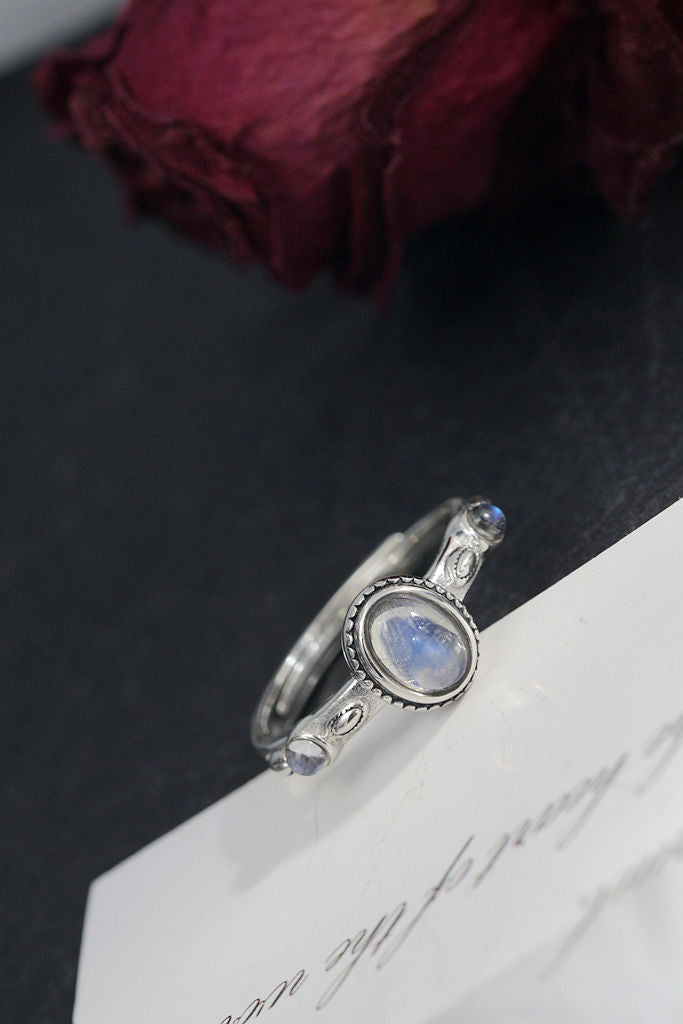 Vintage Minimalist Design 925 Sterling Silver Ring Inlaid Natural Moonstone Adjustable Open Rings Trendy Elegance Jewelry Gift