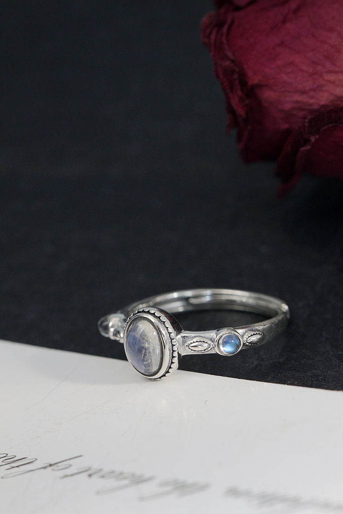 Vintage Minimalist Design 925 Sterling Silver Ring Inlaid Natural Moonstone Adjustable Open Rings Trendy Elegance Jewelry Gift