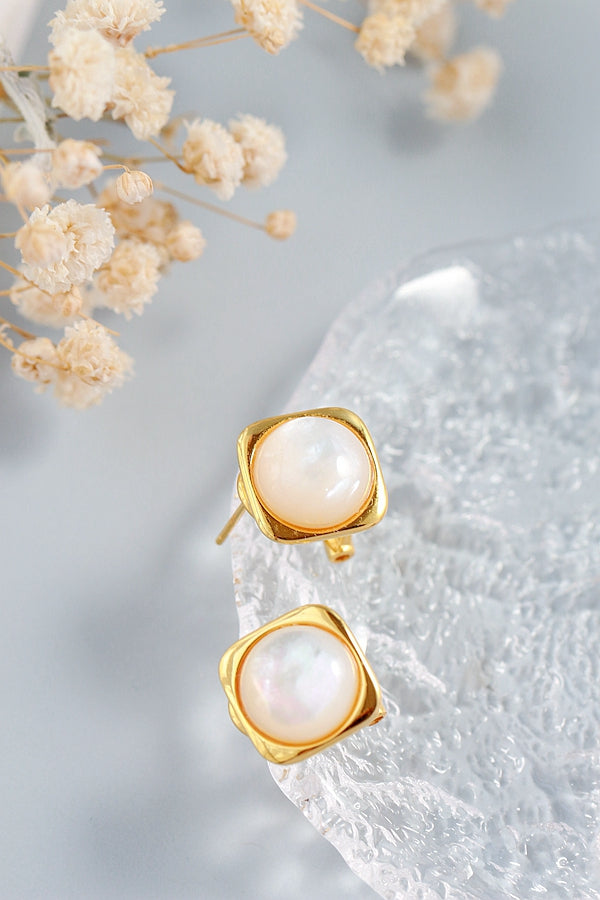 Minimalist Square 925 Sterling Silver Earring Inlaid Natural Pearl Shellfish Fashion 18K Gold Plated Earrings Trendy Jewelry