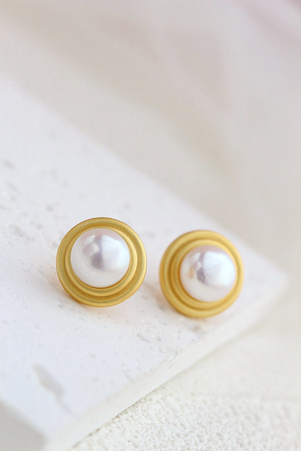 Authentic 925 Sterling Silver Earstuds Inlaid Natural Freshwater Pearl Fashion Round Earring Lady 18K Gold Plated Style Jewelry