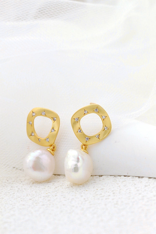 Geometry Creative Trendy 18K Gold Plated Earring Inlaid Natural Baroque Pearl Women 925 Sterling Silver Earrings Jewelry Gift