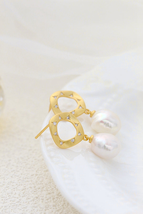 Geometry Creative Trendy 18K Gold Plated Earring Inlaid Natural Baroque Pearl Women 925 Sterling Silver Earrings Jewelry Gift