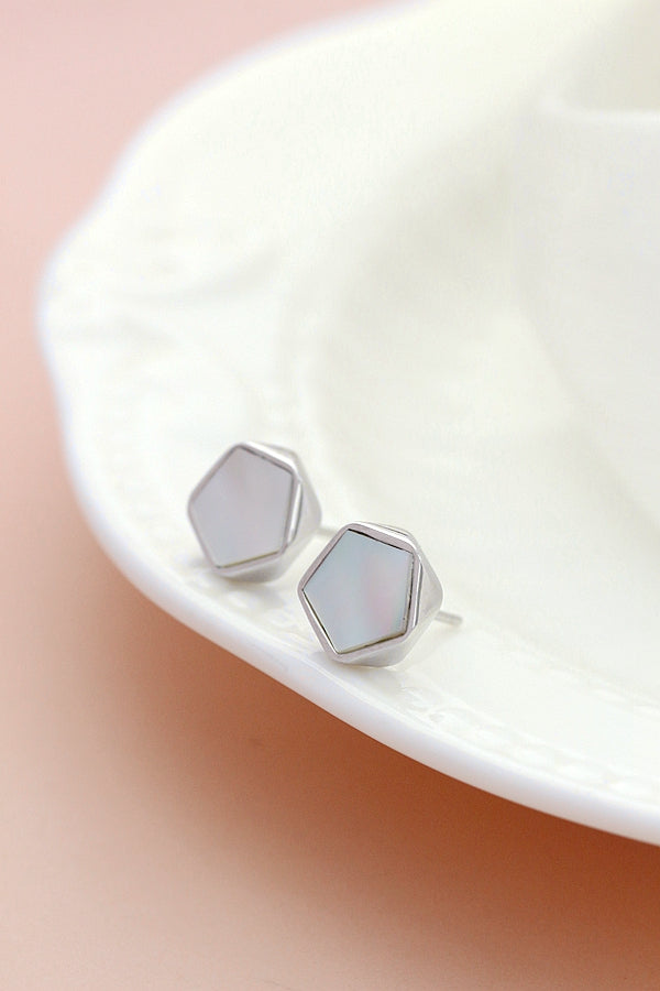 Authentic 925 Sterling Silver Earring Handmade Inlaid Natural White Shell polygon Earstuds Trendy Lady Fine Jewelry Gift