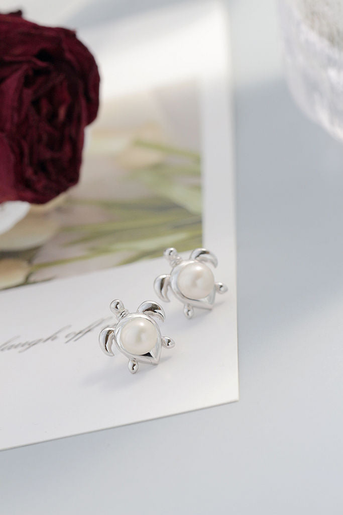 Adorable Little Turtle Design 925 Sterling Silver Earrings Inlaid Natural Freshwater Pearl Earring Trendy Style Jewelry Gift