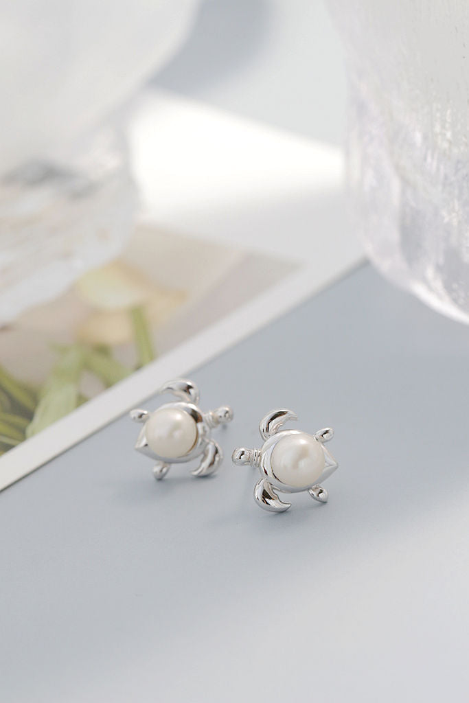 Adorable Little Turtle Design 925 Sterling Silver Earrings Inlaid Natural Freshwater Pearl Earring Trendy Style Jewelry Gift