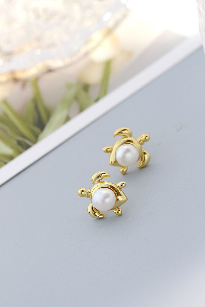 Adorable Little Turtle Design 925 Sterling Silver Earrings Inlaid Natural Freshwater Pearl Earring Trendy Style Jewelry Gift
