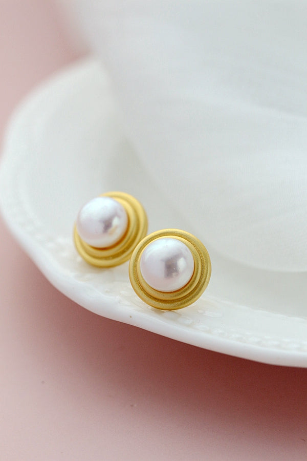 Authentic 925 Sterling Silver Earstuds Inlaid Natural Freshwater Pearl Fashion Round Earring Lady 18K Gold Plated Style Jewelry