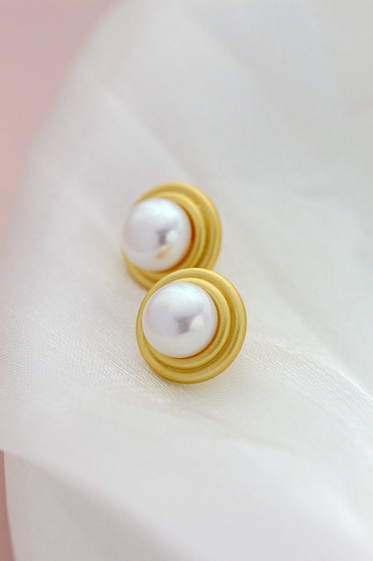 Authentic 925 Sterling Silver Earstuds Inlaid Natural Freshwater Pearl Fashion Round Earring Lady 18K Gold Plated Style Jewelry