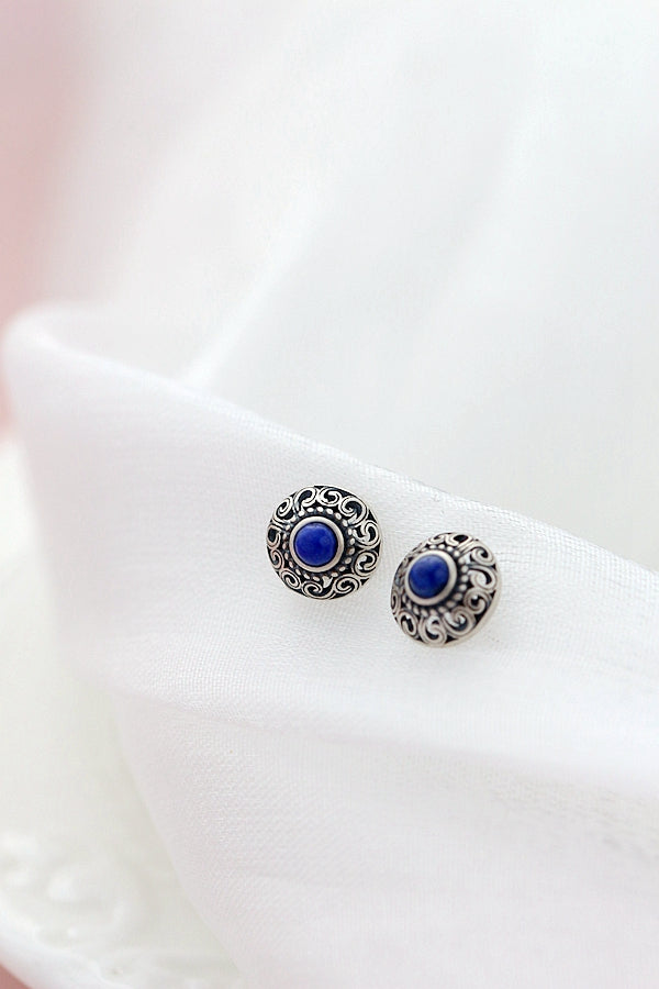 Authentic 925 Sterling Silver Earring Inlaid Natural Lapis Retro Style Antique Silver Lady little Earstuds Jewelry Gift