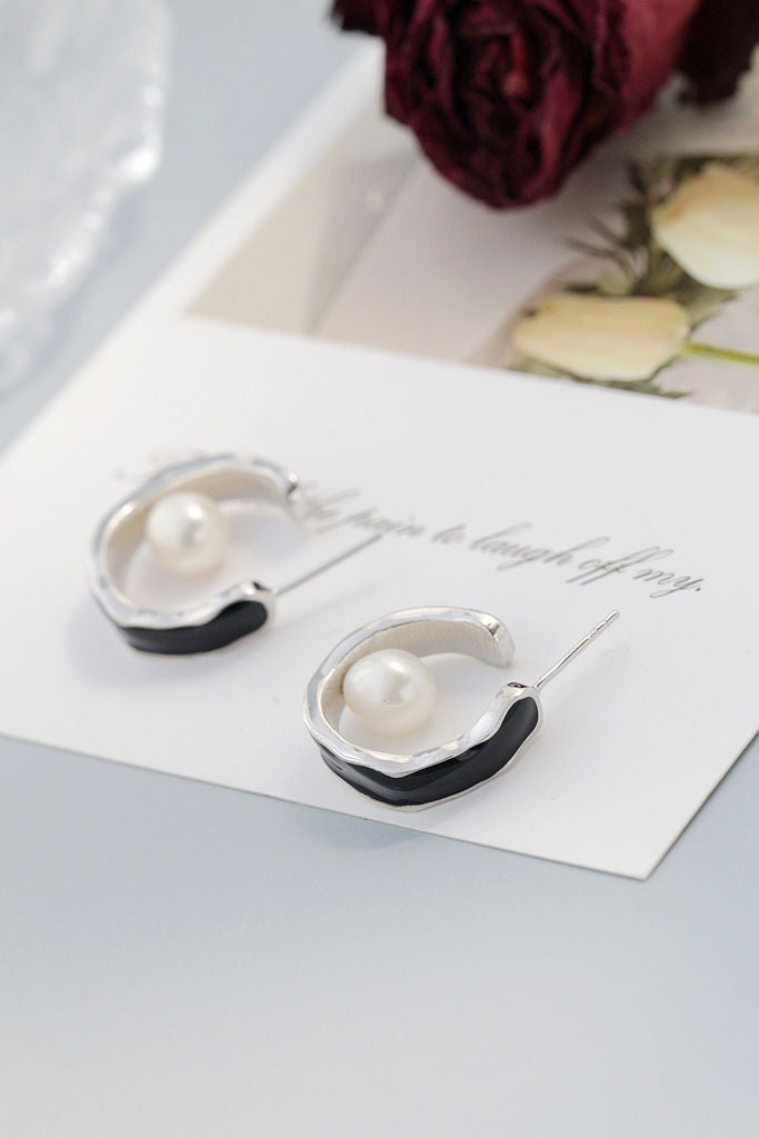 Minimalist Elegant Ring Shape Earring Inlaid Natural Freshwater Pearl 925 Sterling Silver Earrings Women Party Jewelry Gift