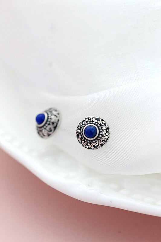 Authentic 925 Sterling Silver Earring Inlaid Natural Lapis Retro Style Antique Silver Lady little Earstuds Jewelry Gift
