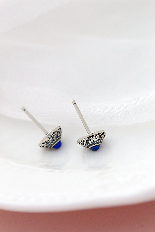 Authentic 925 Sterling Silver Earring Inlaid Natural Lapis Retro Style Antique Silver Lady little Earstuds Jewelry Gift