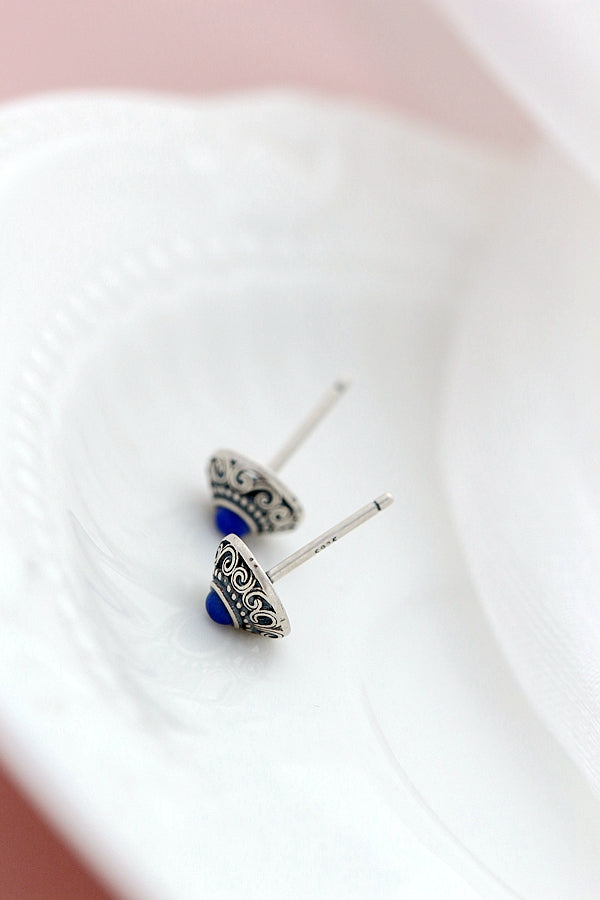 Authentic 925 Sterling Silver Earring Inlaid Natural Lapis Retro Style Antique Silver Lady little Earstuds Jewelry Gift