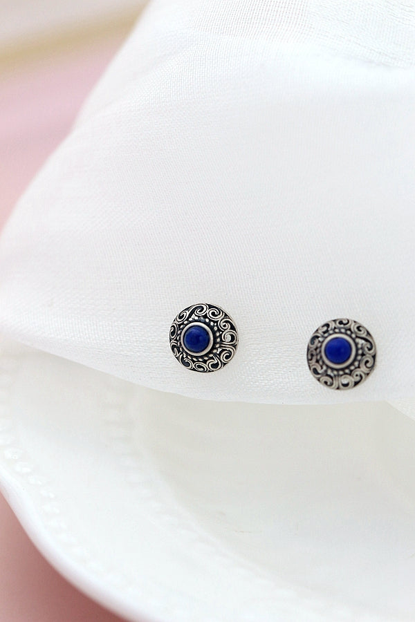 Authentic 925 Sterling Silver Earring Inlaid Natural Lapis Retro Style Antique Silver Lady little Earstuds Jewelry Gift