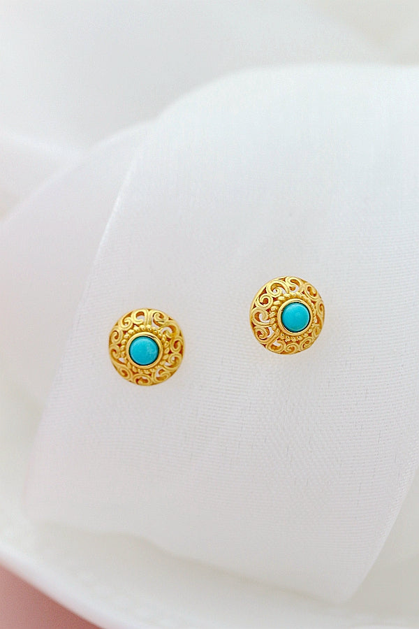 Authentic 925 Sterling Silver Earstuds Lady Retro Style Charm Natural Turquoise 18K Gold Plated Earring Trendy Jewelry Gift
