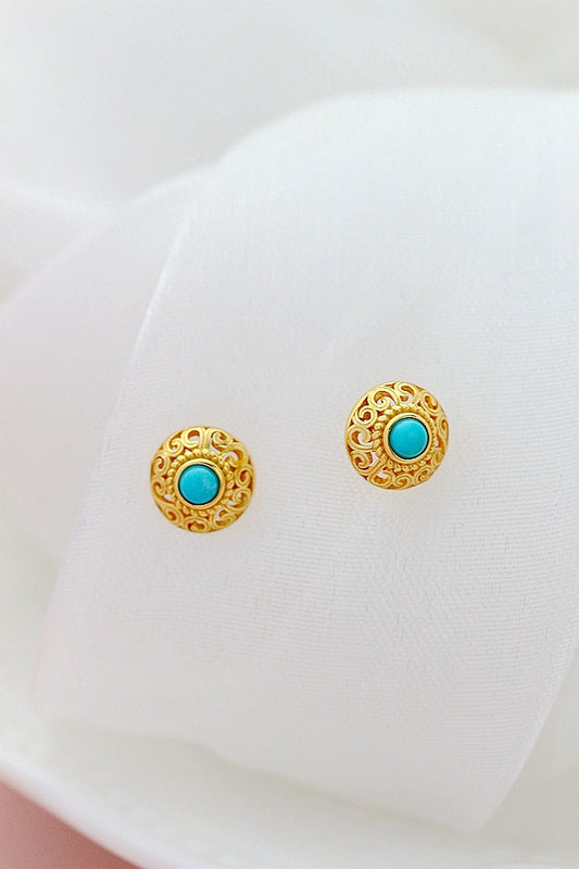 Authentic 925 Sterling Silver Earstuds Lady Retro Style Charm Natural Turquoise 18K Gold Plated Earring Trendy Jewelry Gift