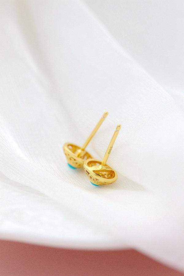 Authentic 925 Sterling Silver Earstuds Lady Retro Style Charm Natural Turquoise 18K Gold Plated Earring Trendy Jewelry Gift