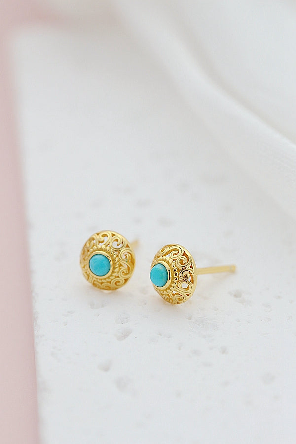Authentic 925 Sterling Silver Earstuds Lady Retro Style Charm Natural Turquoise 18K Gold Plated Earring Trendy Jewelry Gift