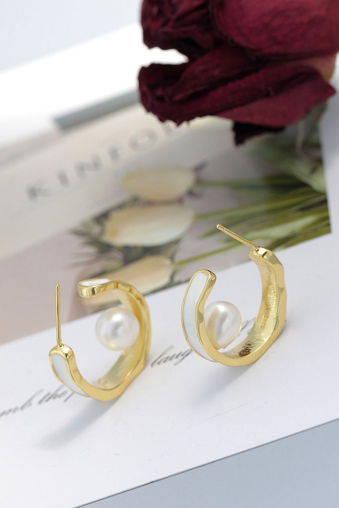 Minimalist Elegant Ring Shape Earring Inlaid Natural Freshwater Pearl 925 Sterling Silver Earrings Women Trendy Jewelry Gift