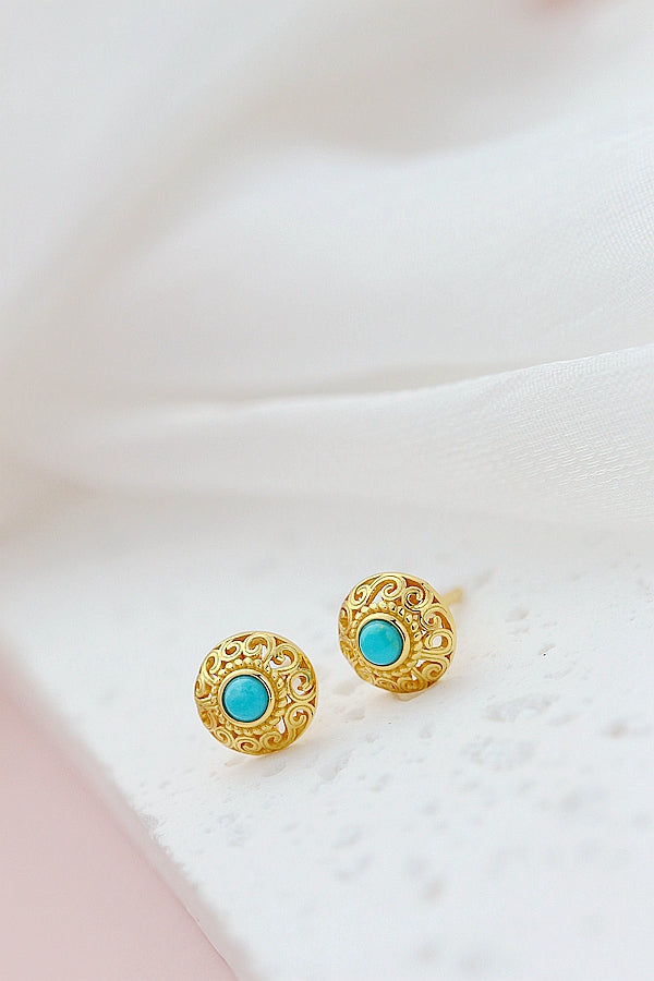 Authentic 925 Sterling Silver Earstuds Lady Retro Style Charm Natural Turquoise 18K Gold Plated Earring Trendy Jewelry Gift