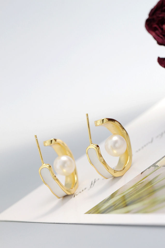 Minimalist Elegant Ring Shape Earring Inlaid Natural Freshwater Pearl 925 Sterling Silver Earrings Women Trendy Jewelry Gift
