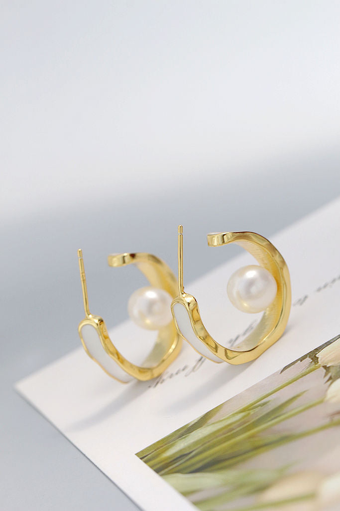 Minimalist Elegant Ring Shape Earring Inlaid Natural Freshwater Pearl 925 Sterling Silver Earrings Women Trendy Jewelry Gift
