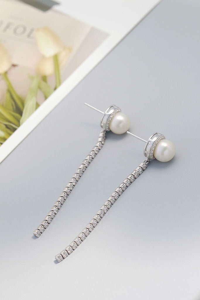 Classic 925 Sterling Silver Earring Inlaid Rhinestone modern Trendy Style Natural Freshwater Pearl Long Earrings Jewelry Gift
