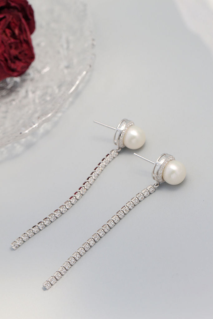 Classic 925 Sterling Silver Earring Inlaid Rhinestone modern Trendy Style Natural Freshwater Pearl Long Earrings Jewelry Gift