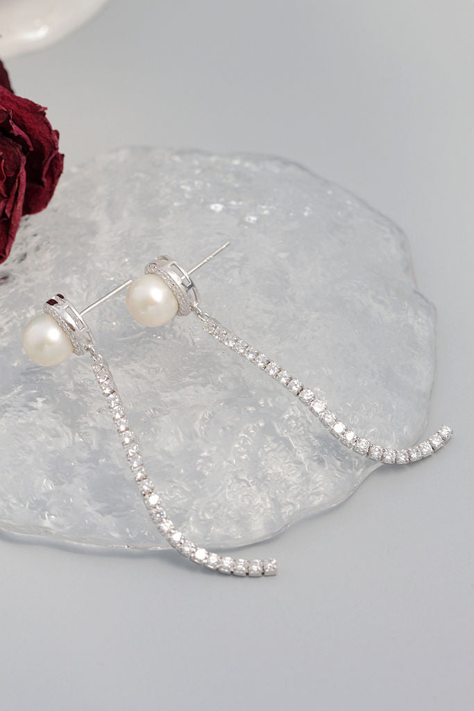 Classic 925 Sterling Silver Earring Inlaid Rhinestone modern Trendy Style Natural Freshwater Pearl Long Earrings Jewelry Gift