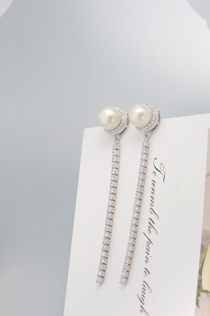 Classic 925 Sterling Silver Earring Inlaid Rhinestone modern Trendy Style Natural Freshwater Pearl Long Earrings Jewelry Gift