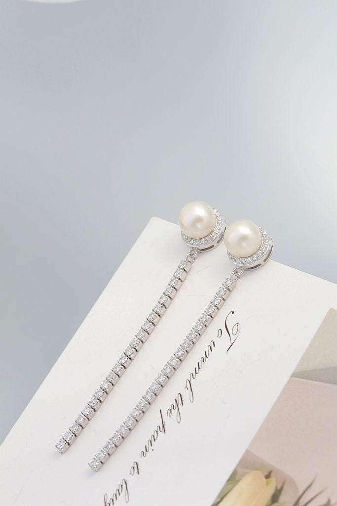 Classic 925 Sterling Silver Earring Inlaid Rhinestone modern Trendy Style Natural Freshwater Pearl Long Earrings Jewelry Gift