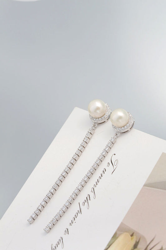 Classic 925 Sterling Silver Earring Inlaid Rhinestone modern Trendy Style Natural Freshwater Pearl Long Earrings Jewelry Gift