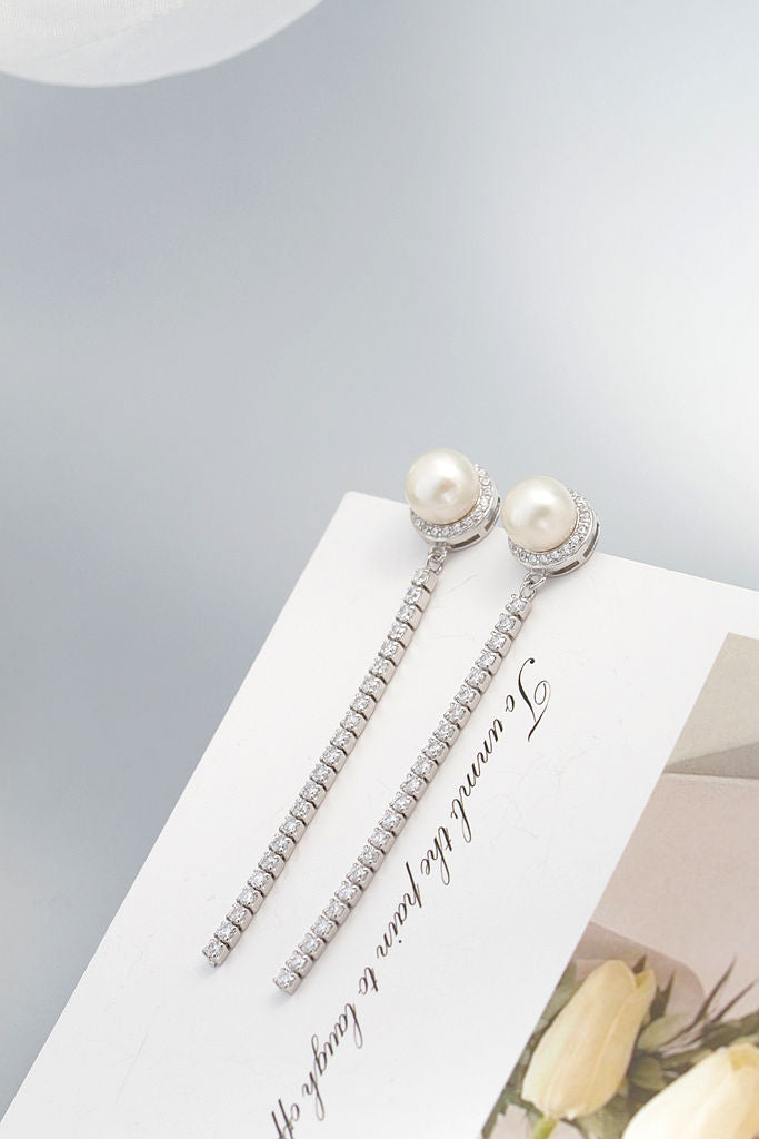 Classic 925 Sterling Silver Earring Inlaid Rhinestone modern Trendy Style Natural Freshwater Pearl Long Earrings Jewelry Gift