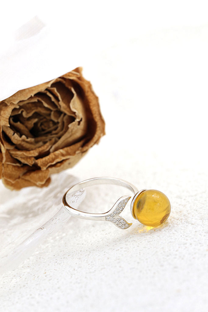 Handmade Inlaid Natural Amber Rings Women Fashion Jewelry Gifts Fish Tail Opening Adjustable Size 925 Sterling Silver Ring