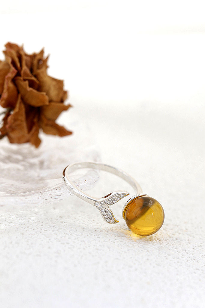Handmade Inlaid Natural Amber Rings Women Fashion Jewelry Gifts Fish Tail Opening Adjustable Size 925 Sterling Silver Ring